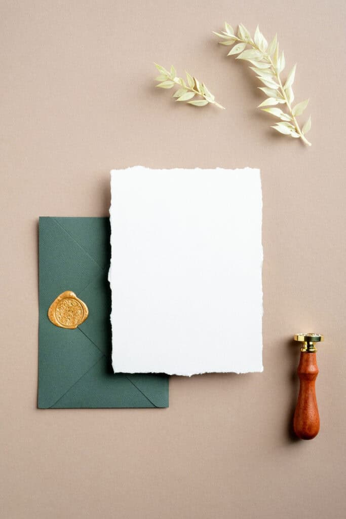 Personal stationery with green envelope, wax seal, blank note card, and wax stamp on a warm neutral background.