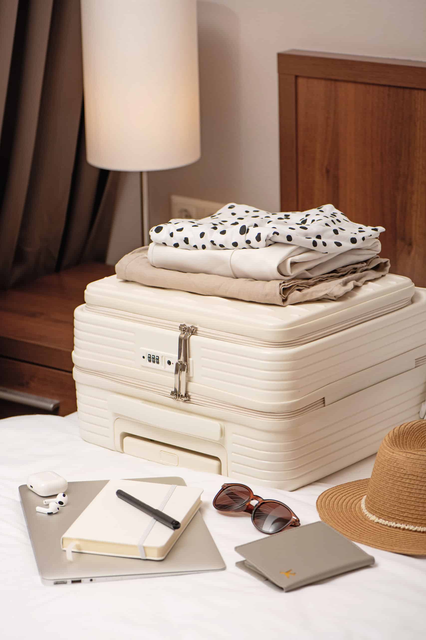 Packed suitcase with folded clothes, notebook, sunglasses, hat, and travel essentials laid out for a trip